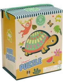 Пъзел Floss & Rock, Jungle - Костенурка, 60 части: цветна кутия за деца 5+, с илюстрации на костенурка, маймунка, листа, пеперуда и цветя. Кутията е с раирана горна част, зелено въже и фолирани детайли за блясък.