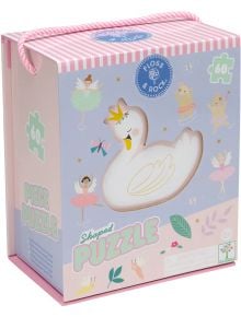 Пъзел Floss & Rock, Enchanted - Лебед, 60 части е в пастелен дизайн с розова дръжка, коронован лебед, балерини и цветя. Подходящ за деца над 5 години - чудесен избор за малките любители на пъзели!.