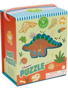 Пъзел FLoss & Rock, Dino - Динозаври, 60 части идва в цветна кутия с илюстрация на стегозавър, фосили и растения. Има раирания връх, червени страни и въже за носене. Подходящ за деца 5+, съдържа дребни части.