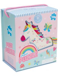 Пъзел Floss & Rock, Rainbow Fairy - Еднорог, 120 части е в красива кутия с еднорог, дъги, пеперуди и звездички. Кутията има райета на капака и розова дръжка. Подходящ за деца 6+ години - идеален избор за малки любители на пъзели!.