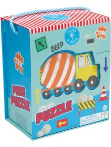 Синя кутия с дръжка, изобразяваща камион циментосмесител, стрелки и парчета пъзел. Пъзел Floss & Rock, Строителство - Строителство за възрасти 6+, 120 части. Опасност от задушаване. Текст: "Пъзел от парчета" и "Пъзел с форма".