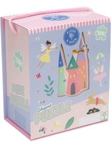 Пъзел Floss & Rock, Enchanted - Замък, 120 части в пастелна кутия с феи, замък, заек и листа. Кутията е с розовораиран капак и въженце-идеален избор за малки приключенци!.
