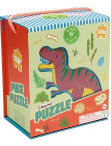 Пъзел Floss & Rock, Dino - Динозаври, 120 части се предлага в цветна кутия с въжена дръжка и има зелен и лилав Т. рекс, кости, листа и е подходящ за възраст 6+, както е посочено на предупредителния етикет.