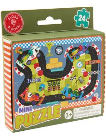 Мини пъзел Floss & Rock, Cars - Коли, 24 части: цветен пъзел за деца 3+ с коли, писта и флагове. Кутията е с ярки графики и предупреждение за дребни части. Перфектен избор за малчугани!.