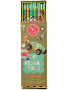 Кутия с 6 броя Floss & Rock - Cars моливи за оцветяване с дизайн на зелена състезателна кола и надпис "Моите моливи за оцветяване"-идеални за твоите любими книжки за оцветяване.