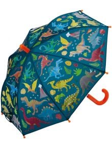 Детски магически конец и камък, променящ цвета си Dino има син фон с анимационни динозаври и праисторически растения. Тя има оранжева извита дръжка и накрайници, които внасят забавление в дъждовните дни.