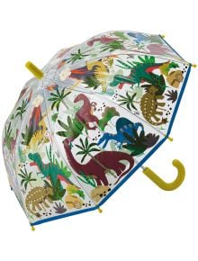 Детският магически чадър Floss & Rock Colour Changing Dino е прозрачен, с жълта дръжка и цветни илюстрации на динозаври, растения и вулкани. Променя цвета си при дъжд и прави дъждовните дни по-забавни!.