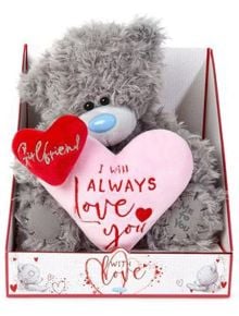 Плюшено мече Me To You - I Will Always Love You е в сиво с син нос, държи розово сърце с надпис "I will always love you" и червено сърце "Girlfriend" - идеален подарък за приятелка в красива кутия.