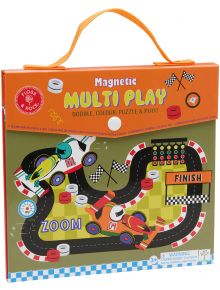 Игра с магнити и оцветяване Floss & Rock - Cars: магнитен комплект с коли, писта, флагове и финал. Кутията има дръжка и е подходяща за деца над 3 години.