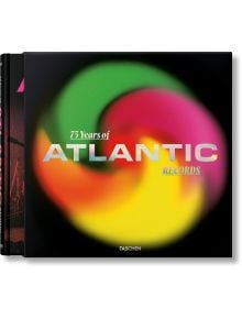 Корицата на книгата "75 години Atlantic Records" с ярки вихрови абстрактни рисунки и смел бял и жълт текст върху черно, посветени на фотографската история на легендарния лейбъл за соул музика.