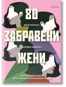 Корица на книгата за "80 забравени жени. Историята на света през техните неразказани съдби" включва илюстрирани странични профили на четири жени с различни цветове на косата и смел розово-бял български текст, както и имената на авторите и зелено подзаглав