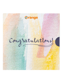 Картичка в пастелен цвят "Ваучер за подарък Акварел" с надпис "Congratulations!" и логото на Orange center. Фонът е с меки розови, жълти, сини и зелени акварелни щрихи на четката - идеален за подарък от нашия онлайн магазин.