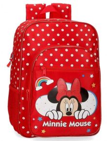 Червената раница Pepe Jeans Minnie Rainbow Red с едно отделение има голям преден джоб с Мини Маус, дъга и звезди. С удобни червени презрамки и дръжка, тя е идеална за училище или разходки.