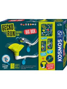 Детска игра Kosmos - Gecko Run Big Box включва гъвкави писти, сини и зелени мраморни трасета за деца 8-99 г., Самозалепващи се подложки и изображения на стартовия комплект и разширенията мраморна писта върху опаковката.
