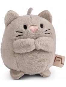 Малка, кръгла, светлосива Nici Mymochi Minis плюшена играчка, наподобяваща котка с пришити мустаци, розово носле, малки ушички и етикет от плат с проста илюстрация на котка - предлага се в книжарница Orange.