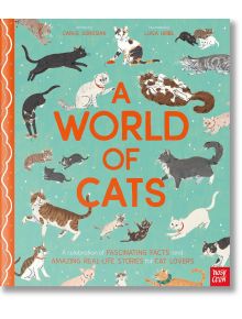 Корицата на "Светът на котките" - илюстрован справочник, представящ игриви породи котки в много цветове около заглавието, с оранжев гръбнак и тиландски фон, осеян с бяло. Идеален за тези, които се интересуват от разбирането на езика на котешкото тяло.