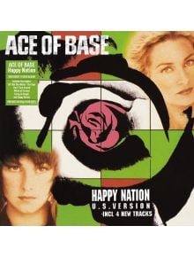 Обложка на албума Ace of Base - Happy Nation (Clear Vinyl): стилизирана роза в центъра, частични лица на двама членове на групата, получерно заглавие, зелен фон с черни ивици. В текста на списъка с песни са отбелязани 4 нови песни.