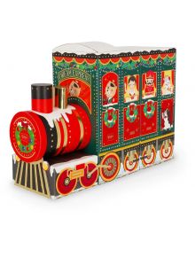 Адвентният календар на Legami Dream Express е цветно влакче-играчка с празнични венци, анимационни герои (включително куче), които надничат от прозорците, и ярки червени, зелени и златни акценти - наподобяващ празничен коледен адвент календар.