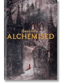 Фигура в червено наметало стои пред богато украсените порти на готически замък, над който се извисяват мъгливи кули, напомняйки за "Alchemised Signed Edition UK" - луксозното издание с твърди корици на последния фентъзи роман на Хелена Марино.