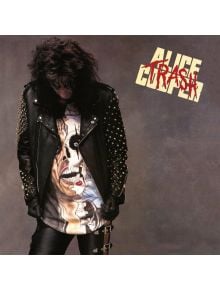 Човек с дълга тъмна коса, облечен в черно кожено яке с шипове и ръкавици, гледа надолу. На ризата му се вижда изрисувано лице. В горния десен ъгъл се вижда Alice Cooper - Trash (VINYL).