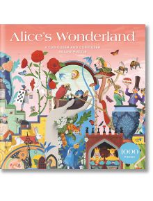 Пъзел Лорънс Кинг: Alice's Wonderland, 1000 части - включва игриви илюстрации от "Алиса в страната на чудесата" с Алис, карти, рози, чайник, гъби и любими герои от приказката.