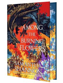 Корицата на луксозното издание на Among the Burning Flowers показва черен дракон от Драконовата армия над жив град с оранжеви, червени, жълти, сини и лилави пламъци и дим, подчертан от сини цветя.
