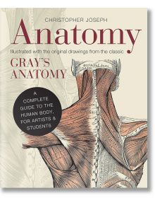 Корица на книгата "Анатомия": Кристофър Джоузеф, показваща подробни гравюри на мускулите и костите на шията и раменете. Подчертано е, че това е важно допълнение към всяка колекция от книги по анатомия.