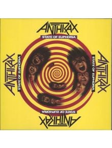 Обложка на албума Anthrax - State of Euphoria 30th Anniversary Edition (2 VINYL): червени спирали върху жълти, изкривени лица, които се въртят навътре, с името на групата и заглавието, заобикалящи ръба - подходяща визия за тази траш метъл класика.