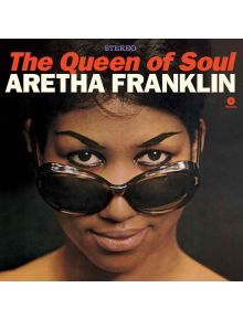 Обложка на албума Aretha Franklin - The Queen of Soul (VINYL), показваща Арета Франклин в близък план, надникнала над големи слънчеви очила, с ярък грим, а над лицето ѝ са изписани името ѝ и заглавието на албума.
