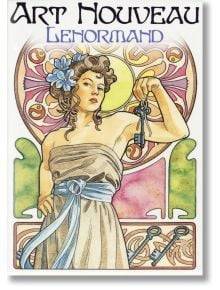 Илюстрация в стил ар нуво на жена в синя рокля, която държи ключове, с декоративни флорални мотиви и пастелни цветове; в горната част е изписано "Art Nouveau Lenormand Oracle".