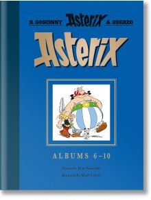 Подаръчното издание на Астерикс: Албуми 6-10 със синя корица с Астерикс, Обеликс и Догматикс, подчертаваща колекционерските издания на Албуми 6-10 от Рене Госини и Алберт Удерзо, включително Астерикс и Клеопатра.