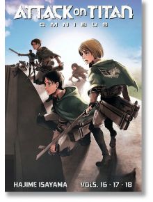 Корицата на Attack on Titan Omnibus 6 (Vol. 16-18) от Хаджиме Исаяма представя въоръжени герои в зелени пелерини, които се катерят по стена, а под тях са събрани войници, което я прави задължителна за феновете на шонън мангата.
