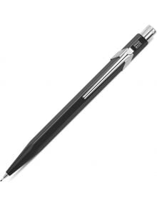 Автоматичен молив Caran d'Ache 844 Metal Collection, черен, с шестоъгълен алуминиев корпус, сребрист клипс, метални елементи и гумичка с бутон, представен на бял фон.