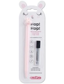 Автоматичен молив Miquelrius Back2Fun Bunny 0.5, розов е опакован с топ във формата на зайче, резервни жици и опаковка, украсена със заешки ушички, сладки личица и многоезична информация за продукта.