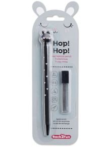 Пакетиран автоматичен молив Miquelrius Back2Fun Bunny 0.5, черен, с бели сърца и зайче отгоре плюс резервни грифели. Опаковката е с дизайн на зайши уши и игрив надпис.