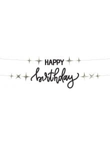 Банер с надпис Happy Birthday Folat - Crème Noir: стилен декоративен акцент за рожден ден с черен надпис и сребърни звезди върху бял фон - перфектна украса за вашето парти.