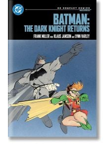 Корицата на "Батман: Завръщането на тъмния рицар" DC Compact Comics показва Батман в сиво и черно, с развяваща се пелерина, който скача напред с Робин до себе си на светлосин фон.