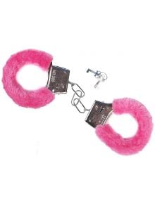 Чифт белезници с пухчета PartyDeco, розови-метални белезници с яркорозов пух, отключени и с малък комплект ключета отгоре върху бял фон. Идеални за закачлива парти декорация.
