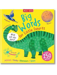 Предна корица на "Малки експерти: Големи думи." Тази образователна илюстрована голяма книга включва зелен динозавър, морски рибар, планета и нервна клетка, които въвеждат над 250 думи за животните, тялото, космоса и динозаврите в предучилищна възраст.