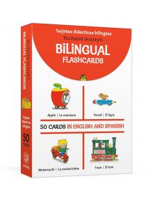Двуезичните флашкарти на Ричард Скари помагат на децата да учат английски и испански език, като включват цветни илюстрации на думи като ябълка, молив, мотоциклет и влак с техните преводи на всяка карта.