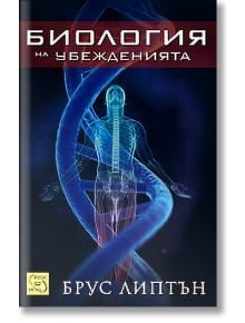 Корица на книгата "Биология на убежденията" със синя двойна спирала на ДНК върху прозрачна човешка фигура, отразяваща концепциите за нова биология на Брус Липтън.