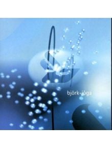 Абстрактна синя корица със светещи бели точки, размити геометрични фигури и тънки черни линии."Bjork - Joga (2 VINYL)" се появява с малки бели букви близо до долния десен ъгъл, препращайки към емблематичното EP на Бьорк Jóga.