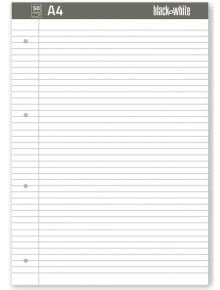 Празен, подшит лист А4 блокнот от черно+бяло с три пробити дупки вляво, сив надпис "50 бели листа на широки редове".
