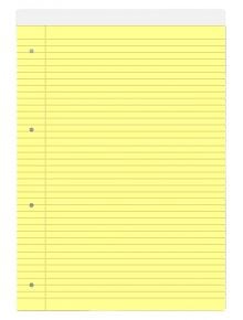 A Блокнот А4 размер с 40 цветни листа на широки редове: включва жълти страници със сини линии, розово поле отляво, четворна перфорация по ръба и празни листове.