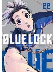 Футболист с широко отворени очи и черно-бяла коса се протяга нагоре, а около ръката му е увита верига, символизираща метавизия. На светлобежов фон "Blue Lock, Vol. 22" е изписано с удебелен син текст над надписите на мангата в долната част.