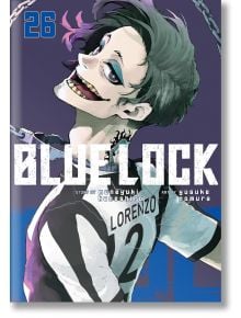 На корицата на Blue Lock, Vol. 26 е изобразен усмихнат герой с остри зъби, бледа кожа и дива тъмна коса в черно-бяла футболна фланелка с надпис "LORENZO 2", който пресъздава интензивната енергия на тази футболна манга поредица, вдъхновена от Световното пъ