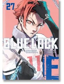 Червенокос футболист с напрегнато изражение хваща яката на ризата си, облечен в бяла фланелка с номер 11 и заобиколен от вериги. Корицата на Blue Lock, Vol. 27 представя тази вълнуваща футболна манга.