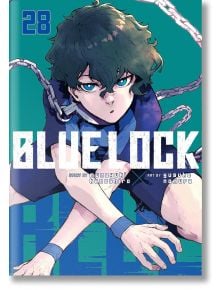 Корицата на Blue Lock, Vol. 28, в аниме стил показва сериозен човек в синьо спортно облекло, приклекнал с ръце на земята и тежки метални вериги около ръцете, което пресъздава темата за интензивния футбол в мангата.