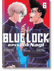 Корицата на Blue Lock: Епизод Наги, том 6 представя двама напрегнати млади мъже в еднакви тъмни футболни фланелки, които се изправят един срещу друг, улавяйки енергията на високите залози на тази хитова футболна манга и аниме адаптация с удебелен текст на