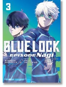 На корицата на „The Blue Lock: Episode Nagi“, том 3, са изобразени двама футболисти в сини екипи с сериозни изражения, стоящи един до друг на фона на синьо-зелен градиент от тази вълнуваща предшественица на футболната манга.